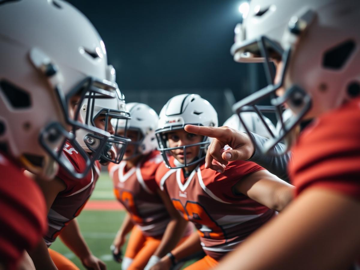 Youth football players in helmets running a position drill with their coach